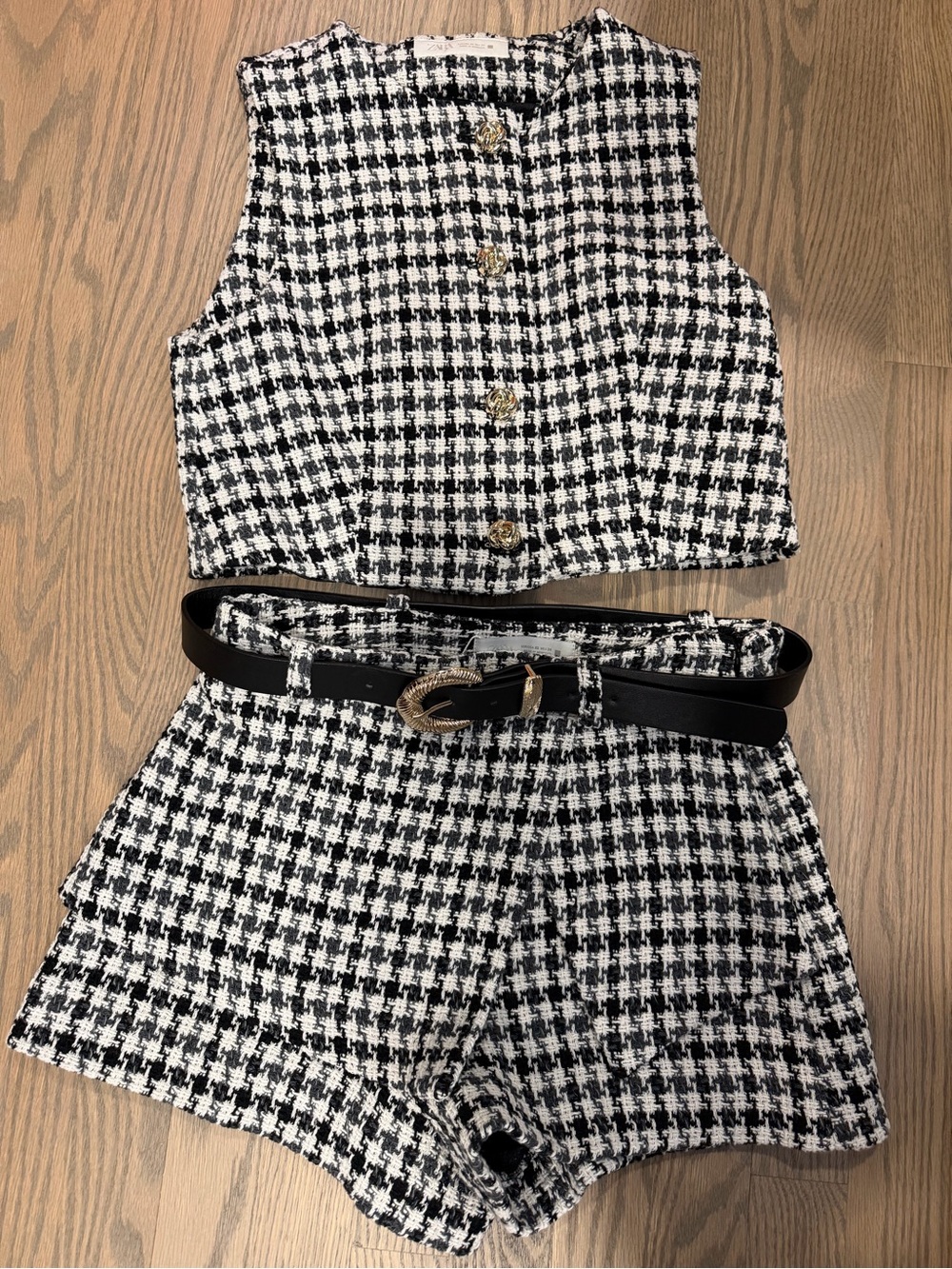 Zara Black and White Tweed Two-Piece Set with Gold Accents